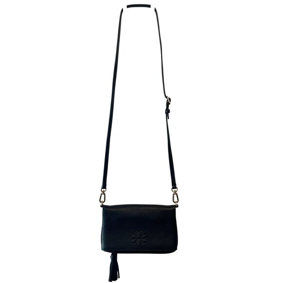 Tory Burch Black Pebbled Leather Foldover Crossbody Bag Tassel & Gold Hardware - Picture 1 of 14
